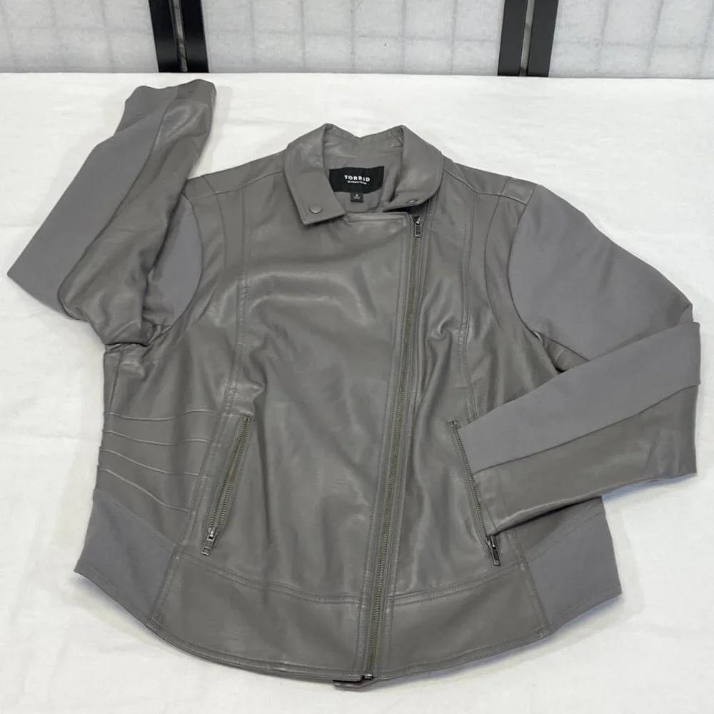 Torrid Mixed Faux Leather & Knit Zip Front Crop Moto Jacket Grey 2 Long Sleeve